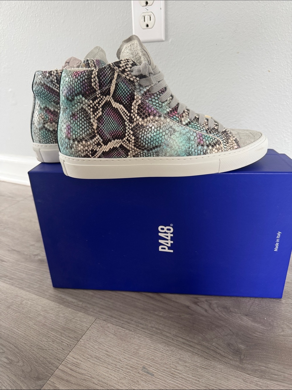 P448 Women's High-Top Sneakers in Teal, Purple & Gray Snakeskin